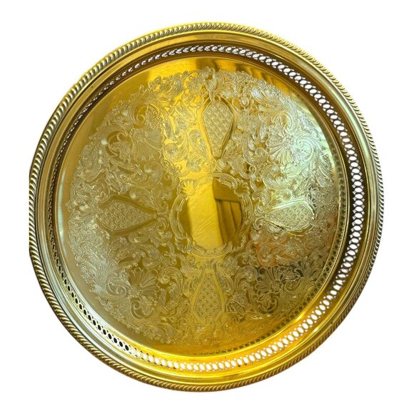 Vintage Ornate Gold-Plated Brass Round Tray 13" Serving Platter W Filigree Sides - Picture 2 of 8